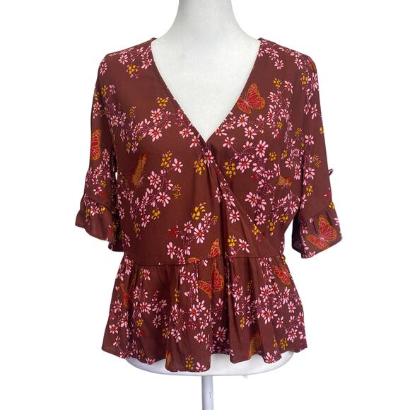 MADEWELL Butterfly Floral Wrap Blouse Ruffle Sleeve Burgundy Fairy Y2K Sz 2 NWT - Picture 1 of 12